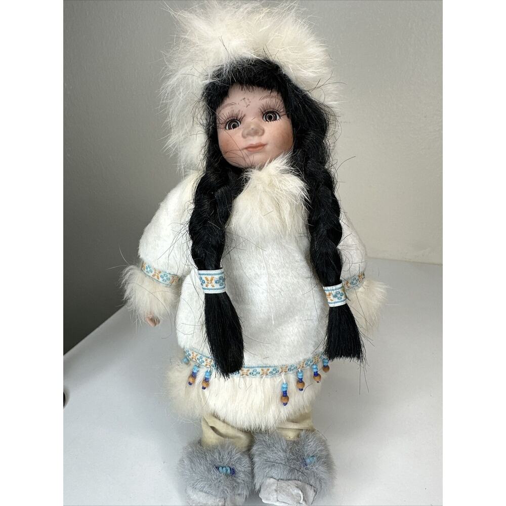Vintage 11" Alaskan Friends Genuine Porcelain Native Style Eskimo Doll and Stand